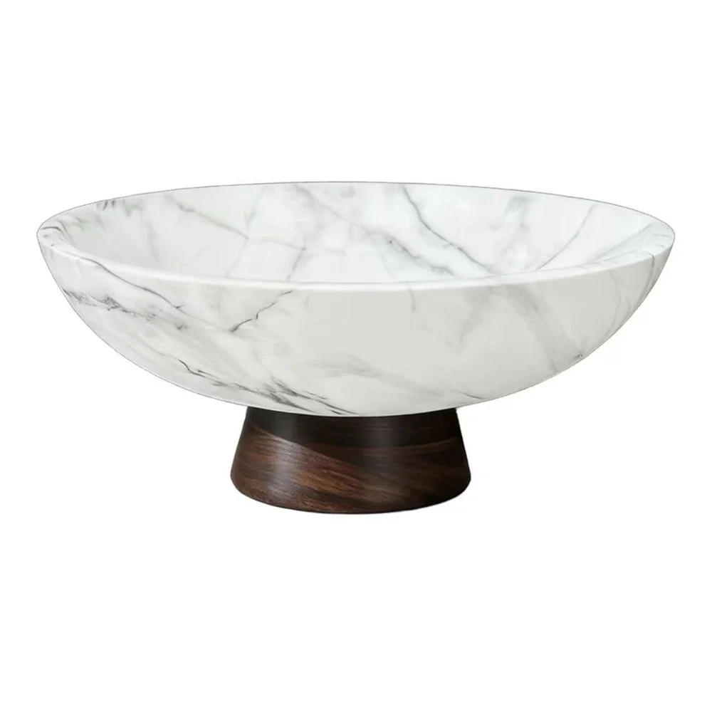 White Marble Texture Decorative Bowl with Acacia Wood Base – 11